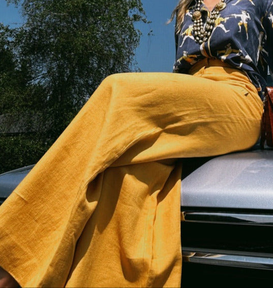 Pantalon en lin jaune moutarde